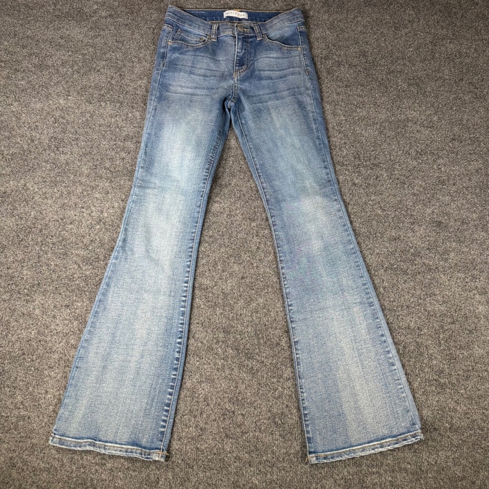 Witty Fox Flare Jeans Women 1/25 Blue Denim Stretch Mid Rise Flap Pocket Y2K 90s